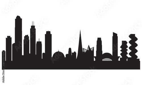 Modern city skyline silhouette with unique shapes.