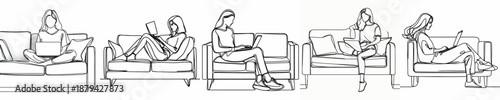 vector line art woman sitting on sofa with laptop