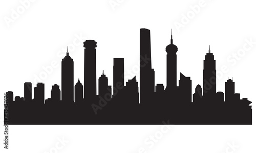 International city skyline silhouette with diverse buildings.