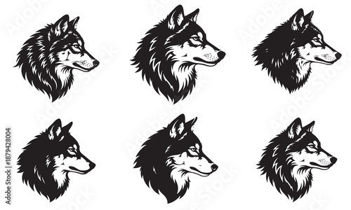 Six wolf head profiles in black and white.