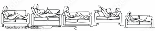 line art of a woman lying down relaxing on the sofa with a laptop