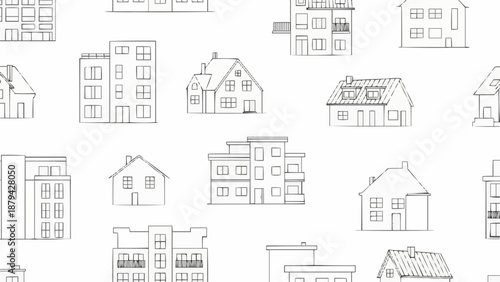 Seamless Pattern of Hand Drawn Houses and Buildings.