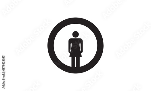 Female restroom symbol in a circle.