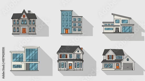 Collection of Diverse Modern and Traditional House Illustrations.