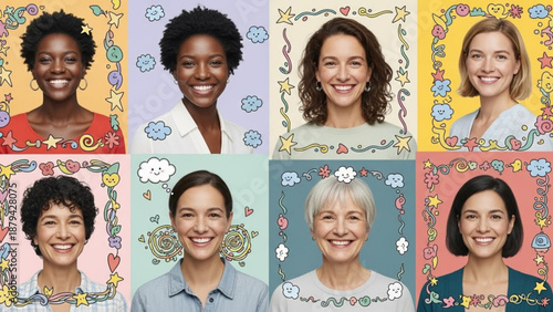 Diverse Women Smiling with Thought Bubbles in Colorful Frames