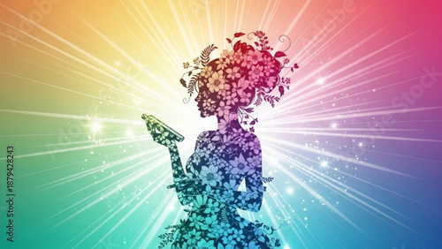 Vibrant Woman Radiating Rainbow Colors with Floral Hair