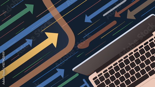 Flat illustration of a laptop with colorful arrows on a dark background representing coding and software engineering concepts and ideas with technology
