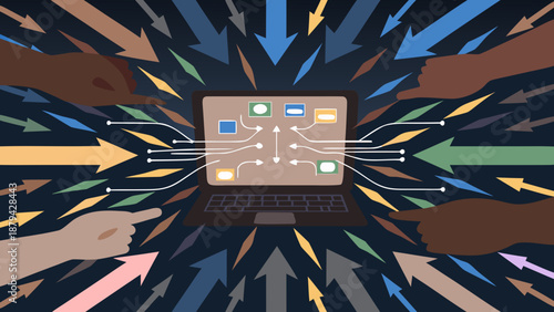 Modern flat illustration of technology driven business concept with laptop and arrows with innovation and strategy and planning and digital and transformation
