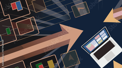 Flat vector illustration of business software solution on laptop screen with data transfer arrows and ui elements with technology and productivity