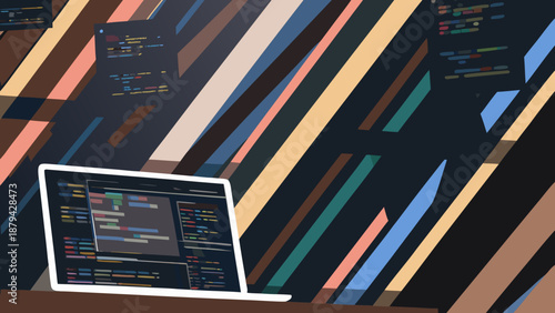 Flat vector illustration of a software developer working on a laptop with colorful code on the screen in a modern workspace with coding and programming