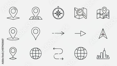 Collection of navigation and location icons for maps and travel.