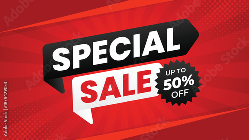 Special sale banner template with red comic sunburst background, up to 50% off, suitable for sale promotions, e-commerce, marketing ads, discount events, websites, and pages