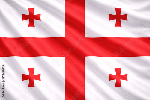Waving Georgia Flag Horizontal Background with Red Crosses and Fabric Texture
