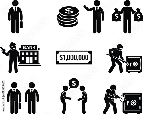 Financial crime icons showing money theft, bank robbery, bribery, corruption, negotiation, cash stacks, million dollars, business risk, security, awareness, illustration