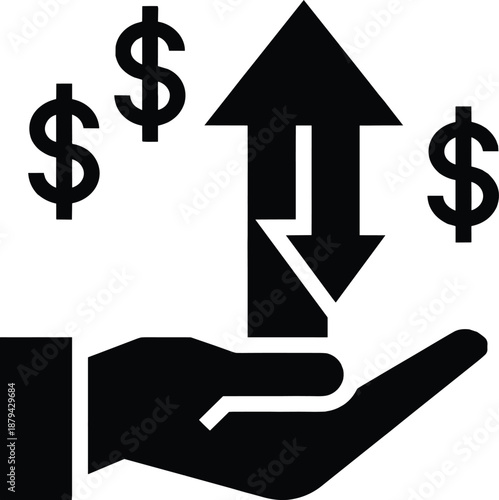 Financial growth concept with hand holding up and down arrows, dollar symbols representing investment risk, profit, loss, money management, strategy