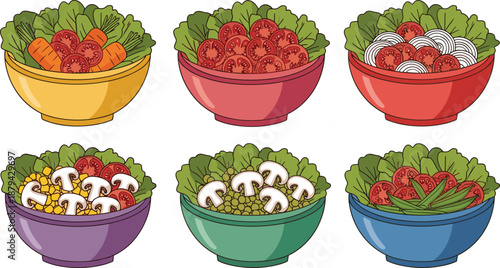Fresh vegetable salad bowls set, colorful healthy food illustration, tomato lettuce carrot mushroom onion peas isolated white background flat design