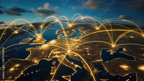 Digital Network Illuminates Europe Seamless Global Connectivity and Data Flow, Visualizing Modern Communication and Future Technology Integration Across Continents