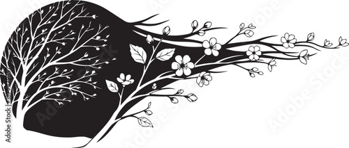 Black Silhouette with Floral Branches and Leaves Growing Out