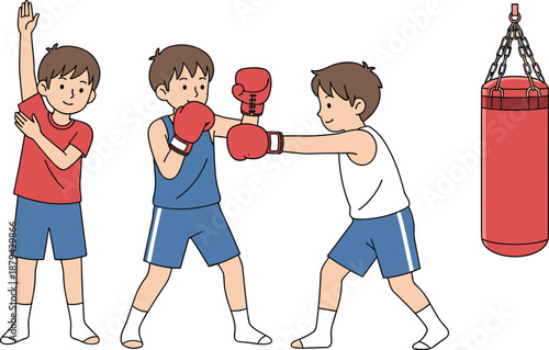 Kids boxing training illustration, children practicing boxing punches, sports exercise with punching bag, cartoon boys fitness concept for kids education