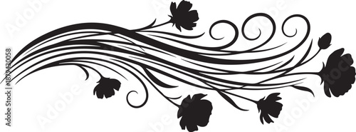 Elegant black floral design with swirling lines and flowers