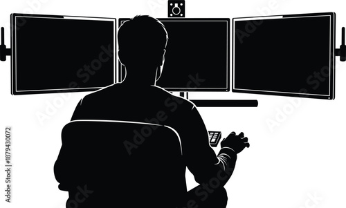 WebSilhouette hacker working at multi monitor computer setup, cybersecurity concept, data protection, programming, anonymous user, technology workspace, digital crime illustration