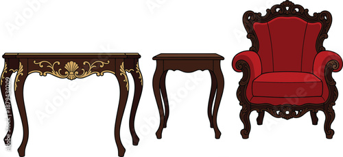 Vintage luxury furniture illustration with ornate wooden table, classic side table, royal armchair, antique design, elegant interior decor concept