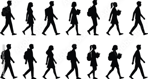Walking student silhouettes set, people side view, school and college students with backpacks, education concept, isolated black figures