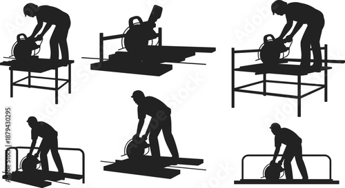 Industrial worker silhouettes operating circular saw machines on platforms, metal cutting and fabrication tasks, construction safety workflow vector illustration
