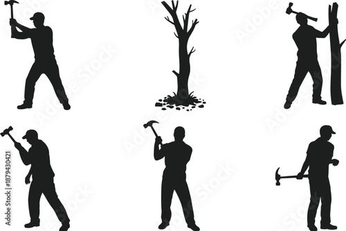 Lumberjack worker silhouette illustration set, man cutting tree with axe and hammer, forestry labor concept, black flat vector design