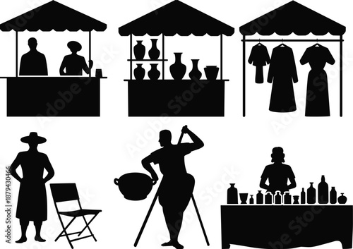 Medieval market silhouettes collection, traditional vendors selling pottery clothing food and drinks, historical street trade black vector illustration set
