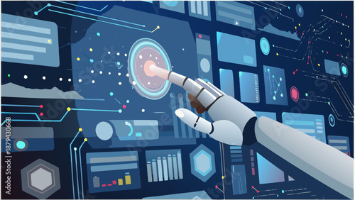 Flat vector illustration of robotic hand touching futuristic interface with glowing buttons and screens in dark blue background for technology and innovation concepts