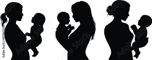 Mother and baby silhouette collection vector illustration, emotional motherhood bonding moments with woman holding infant isolated on white background