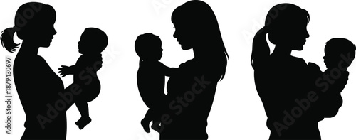 Mother and baby silhouette vector illustration, emotional motherhood bonding scenes with woman holding infant isolated on white background collection design set