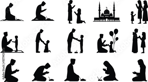Muslim family prayer silhouettes set, parents and children worship teaching moments with mosque icon, Islamic religious lifestyle black vector illustration isolated