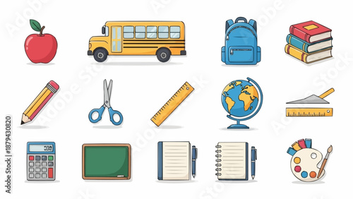 Collection of School Supplies and Educational Icons.