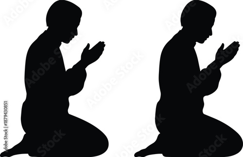 Muslim man praying silhouettes set, kneeling male performing Islamic prayer dua, religious devotion black vector illustration spiritual worship faith concept