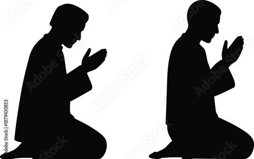 Muslim man praying silhouettes set, kneeling male performing Islamic prayer dua, religious devotion spiritual worship black vector illustration faith concept minimal design