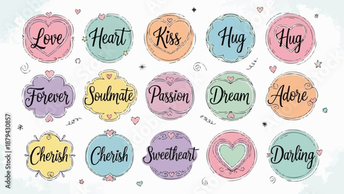 Collection of romantic words and symbols for love and relationships.