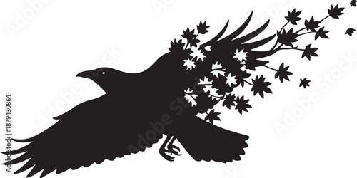 Silhouette of a bird in flight with autumn leaves