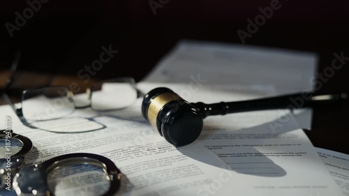 A judge gavel and eyeglasses rest on legal documents under dramatic lighting. law, justice, legal authority, and professional courtroom or law office atmosphere.