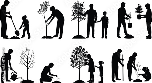 Parents and children planting trees together silhouettes, family gardening activity, eco friendly lifestyle concept, nature care, black vector illustration isolated on white