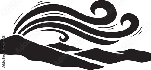 Black wave crashing over mountain range in abstract style