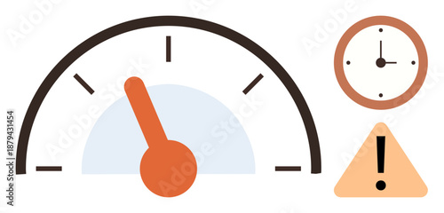 Time management, urgency, performance, speed, risk, productivity. A speedometer with an orange needle, a clock and a warning icon. Urgency and time management visually