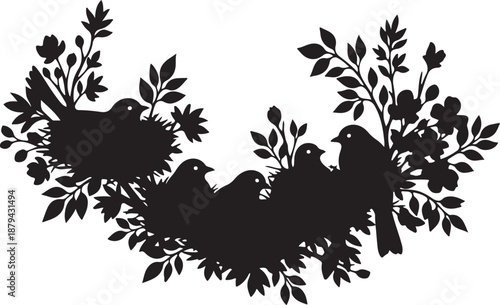 Silhouette of birds and flowers on white background illustration