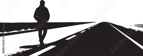 Man walking alone on a deserted road at dawn