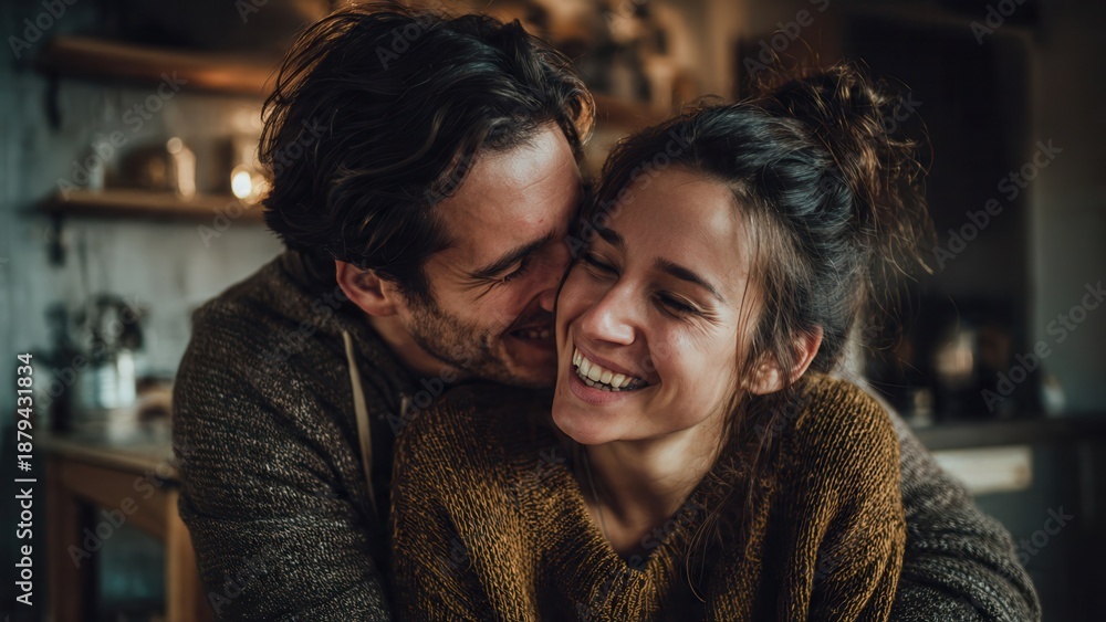 Fototapeta premium A happy couple embraces warmly in a cozy home setting, sharing a joyful and intimate moment together.
