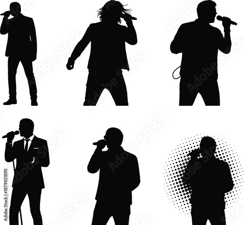 PrintCollection Of Male Singer Performance Silhouette Vector Illustration Set With Man Holding Microphone Singing On Stage For Music Concert Event And Entertainment Design