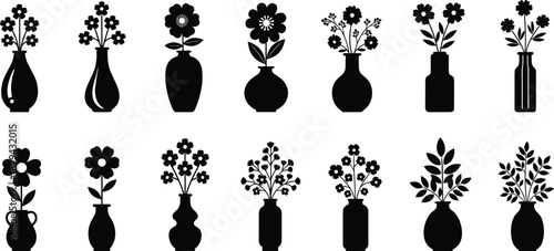 PrintCollection of minimalist black silhouette icons representing various flowers and plants in decorative vases and bottles, floral interior design elements isolated on white,