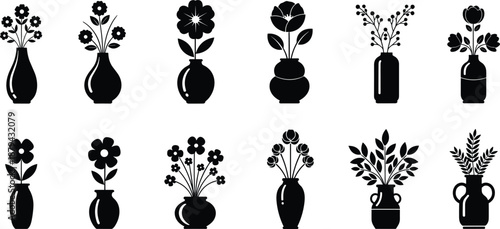 PrintCollection of minimalist black silhouette icons representing various flowers and plants in decorative vases and bottles, floral interior design elements isolated on white background,