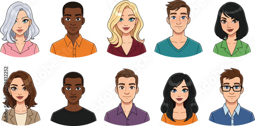 PrintDiverse Set of Ten Cartoon Avatar Portraits Featuring Men and Women with Various Hairstyles and Ethnicities Isolated on White Background for Professional Profile Design